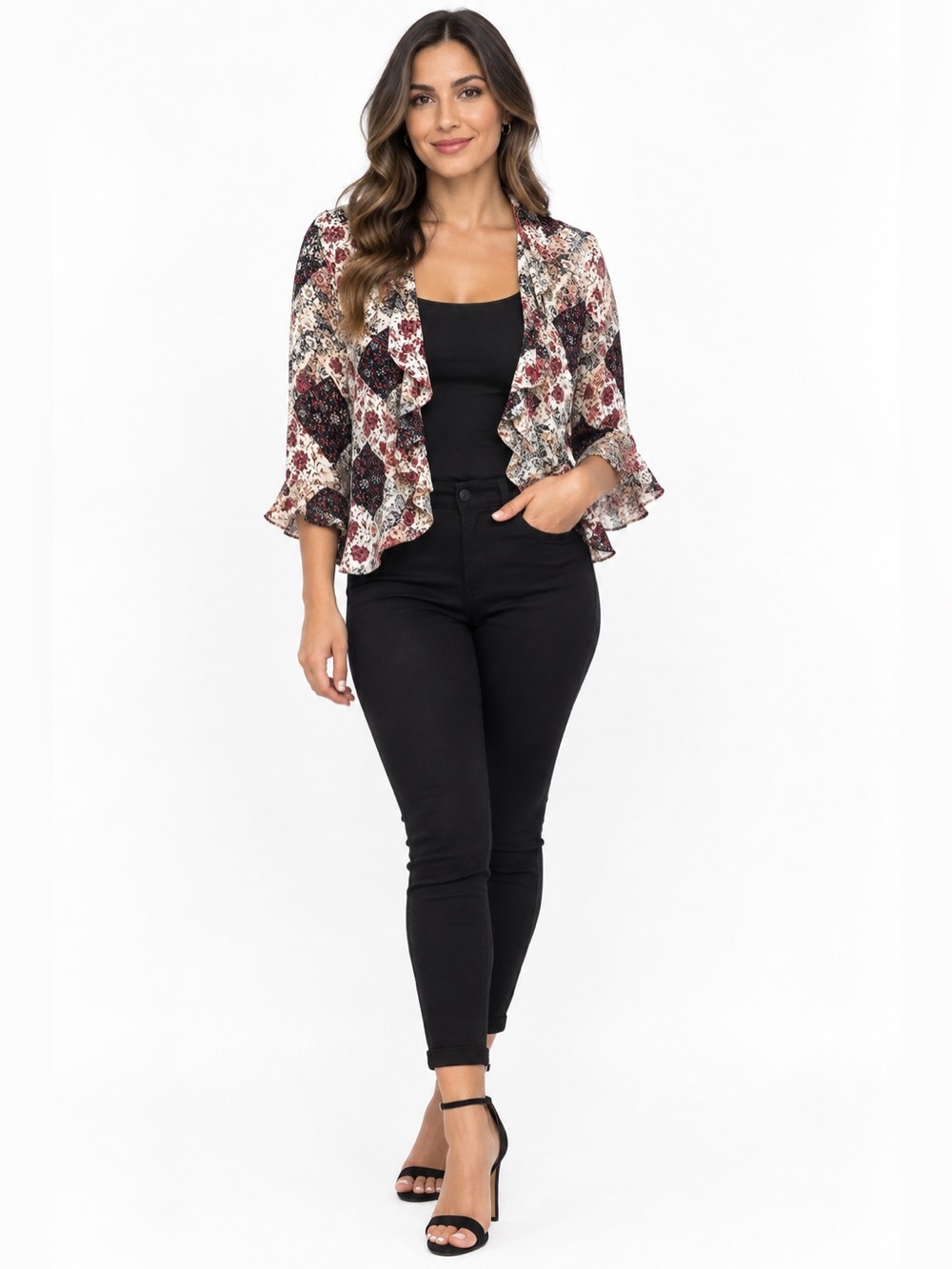 Dress Barn Patchwork Floral Button-Down Shirt in Cream, Black and Burgundy